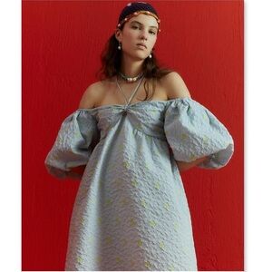 Beatrice .B Blue Printed Halter Baby Doll Dresss w/Puff Sleeves Made in Italy 4